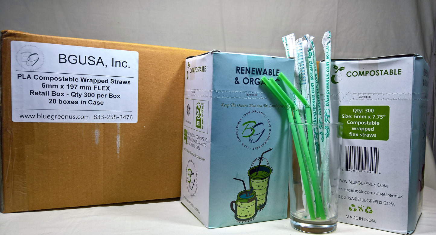 Compostable 6mm x 7.75” FLEX PLA straws